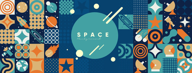 Space. Cosmos. Vector illustrations. Abstract backgrounds, patterns on the theme of space. Minimalistic vintage postcards. Wallpaper, poster, cover.