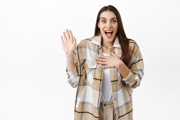 Me too. Smiling excited woman raise her hand and place palm on chest, introduce herself, respond to...