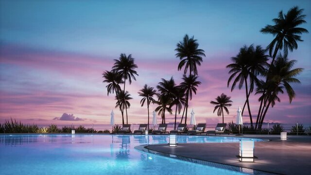 Lounge chair around swimming pool in hotel. Lounge deck chair and pool at sunset. Tropical vacation in luxurious hotel. Lounge bed and palm trees around swimming pool at sunset. 3d visualization