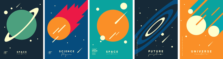 Space. Cosmos. Set of vector illustrations. Wallpaper, poster, cover. Simple flat illustrations about space and the science of the universe. © Molibdenis-Studio