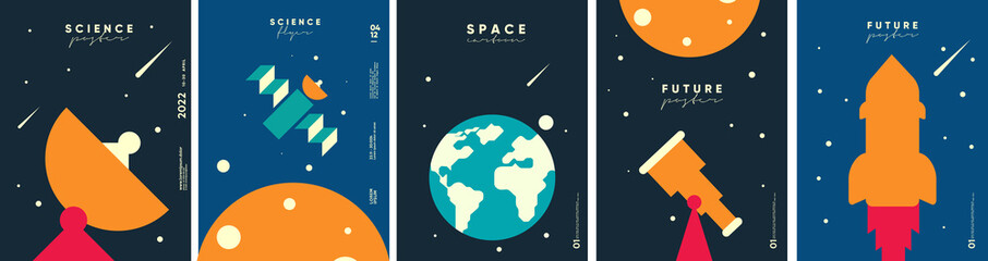 Fototapeta na wymiar Space. Cosmos. Set of vector illustrations. Wallpaper, poster, cover. Simple flat illustrations about space and the science of the universe.