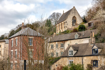 View of Chalford showing the old Ebenezer Wesleyan Chapel on the hill, Chalford, Stroud, England,...