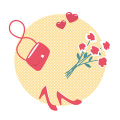 Romantic illustration of a set of female things. Ladies handbag, high heel shoes, a bouquet of flowers and hearts. Vector flat illustration
