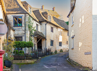 Narrow lane in Nailsworth Town in the Cotswolds, Gloucestershire, United Kingdom