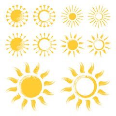 Yellow funny doodle suns. Set of hand drawn illustration isolated on white background. 
