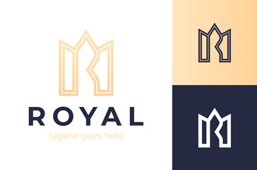 Crown letter R logo. Premium monogram letter R initials logotype. Elegant shield crown vector logo.