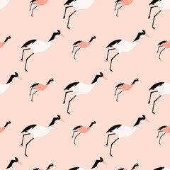 Decorative animal seamless pattern in pink and white tones with crane bird ornament. Cute zoo backdrop.