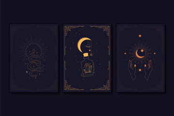 Set of mystical tarot cards. Elements of esoteric, occult, alchemical and witch symbols - obrazy, fototapety, plakaty