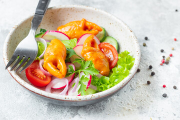 salad crab claws crab stick seafood surimi tomato, cucumber, lettuce vegetable meal snack copy space food background
