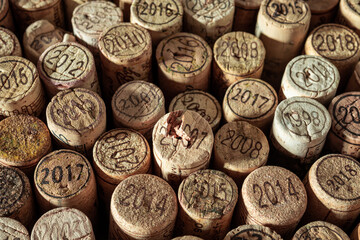 Dated corks of different french wines as background