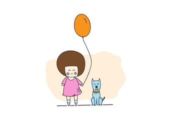 Little cartoon girl holding a balloon with a cute dog. Vector