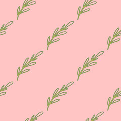Minimalistic style seamless pattern with green diagonal outline branch ornament. Pink background.