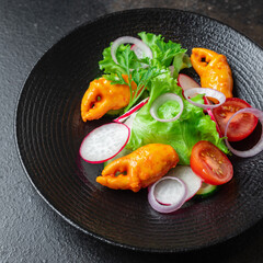 salad crab claws crab stick seafood surimi tomato, cucumber, lettuce vegetable meal snack copy space food background