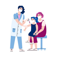 Doctor vaccinates a child who sits on mothers lap, vector illustration isolated.