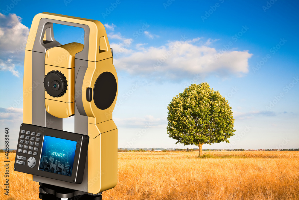 Aufkleber isolated oak tree in a golden wheat field and 3d rendering of a geodesic device, called total statio