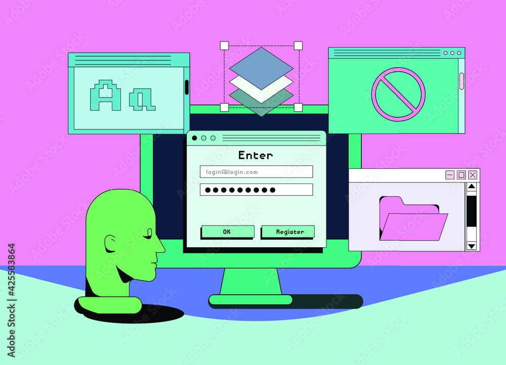 Poster computer screen with programs and applications. conceptual flat vector illustration of ui and ux des
