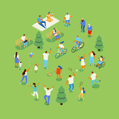 Family picnic and summer rest. People in park leisure and outdoor activity. City park isometry icons of people sitting on bench, playing and reading book vector isometric isolated elements.
