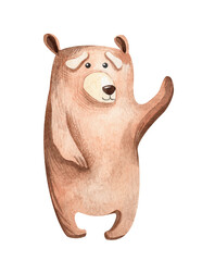 Kind brown bear say hello and waves his hand to you. Cute watercolor illustration. Ideal for postcards, posters for children 