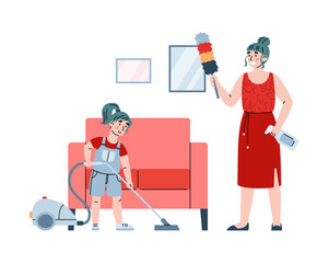 Mother and daughter cleaning room together, cartoon vector illustration.