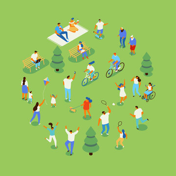 Family Picnic And Summer Rest. People In Park Leisure And Outdoor Activity. City Park Isometry Icons Of People Sitting On Bench, Playing And Reading Book Vector Isometric Isolated Elements.