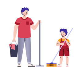 Father and son with mops ready to clean the house, vector illustration isolated.