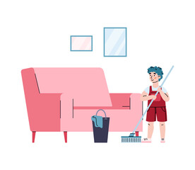 Hardworking boy washes floors with a mop, cartoon vector illustration isolated.