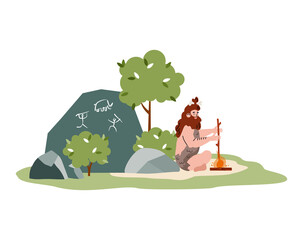 Primitive cave man of stone age sitting near fire and rock with art drawings.