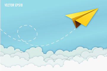 Concept of business success yellow paper plane flying in the sky between clouds Beautiful natural landscape Blue background To the goal, start creativity. Vector illustration