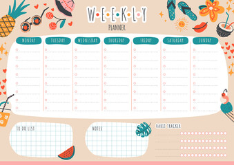Cute vector weekly planner and to do list with summer objects:cocktail,ice cream,beach hat,tropical leave.Can use for notebook,agenda,diary,organiser,schedule. A4 page printable template Vector
