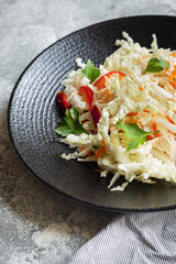 fresh Chinese cabbage salad vegetable pepper, radish, carrot snack vegan or vegetarian healthy meal top view copy space food background keto or paleo diet 
