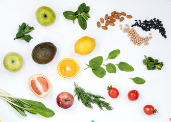 Fresh juicy food for a healthy diet on an isolated background. Plant food diet and vegetarian food concept