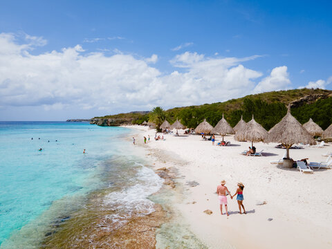  Cas Abou Beach on the caribbean island of Curacao, Playa Cas Abou in Curacao Caribbean tropical white beach with blue ocean