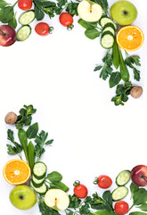 Citrus fruits, vegetables, herbs on white background Flat frame with fresh food on isolated background