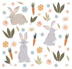 Abstract Easter bunny set, boho Easter rabbit, Easter bunny decoration, isolated funny rabbit, traditional elements, Happy Easter vector pattern