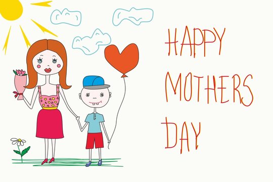 Happy Mother's Day greeting card. Mom and son holding hands on sunny day. childrens drawing as gift to mom. Children's congratulations, doodles, cartoon people. freehand drawing for mothers day