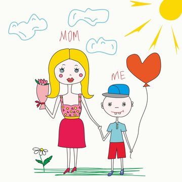 Happy Mother's Day greeting card. Mom and son holding hands on sunny day. childrens drawing as gift to mom. Children's congratulations, doodles, cartoon people. freehand drawing for mothers day