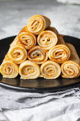 crepes sweet thin pancakes dessert flat cake snack healthy breakfast meal top view copy space for text food background rustic