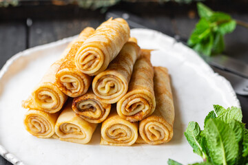 crepes sweet thin pancakes dessert flat cake snack healthy breakfast meal top view copy space for text food background rustic