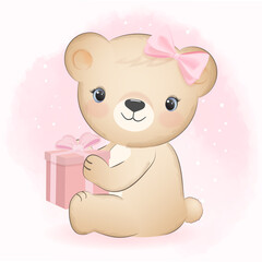 Cute Little Bear and gift box, animal watercolor illustration