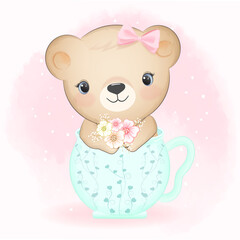Cute Little Bear sitting in a cup animal watercolor illustration