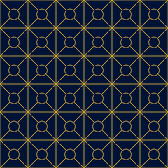 Geometric golden ornament grid on blue background. Seamless fine abstract pattern, wrapping paper