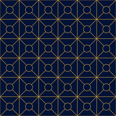 Geometric golden ornament grid on blue background. Seamless fine abstract pattern, wrapping paper