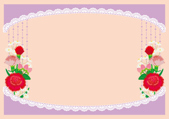 Red Carnation, White  Chamomile,　Hypericum Bouquet, Sparkle Lines, Lace Fringed Oval Flame, Pink Background 