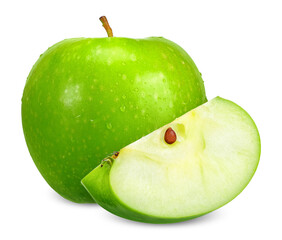 Fresh green apple and water drop isolated on white.