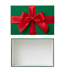 Open green gift box with lid and red bow cut out on white background, present box top view	
