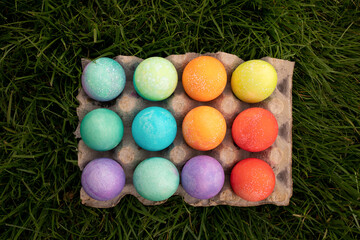 Fototapeta na wymiar Carton on Easter eggs on grass 