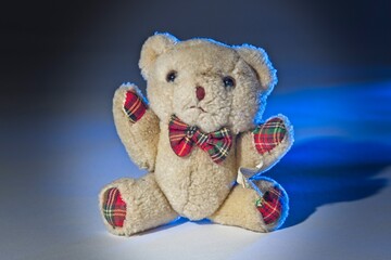 Teddy bear with tartan trim with blue back lighting