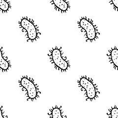 Vector seamless pattern of an oval bacterium with short tentacles with curls drawn by hand with a black line in the style of a doodle on a white background for medical design template