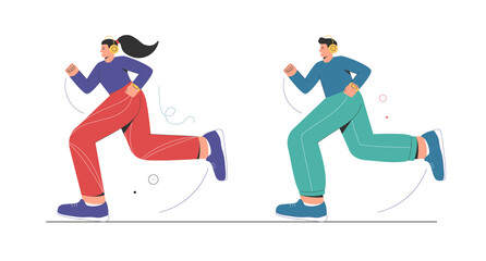 Sport, jogging, training concept. Sporty woman and man running. Vector flat cartoon illustration