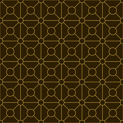 Geometric golden ornament grid on brown background. Seamless fine abstract pattern, wrapping paper